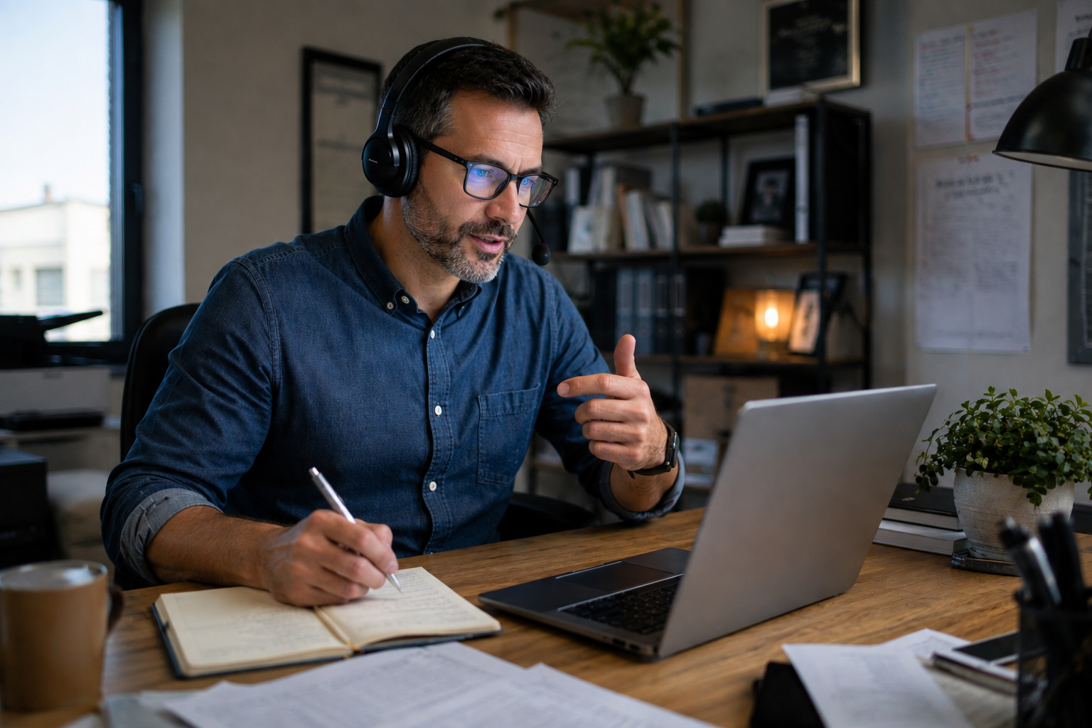 Bookkeeping professional with a headset walking a client through QuickBooks on a laptop
