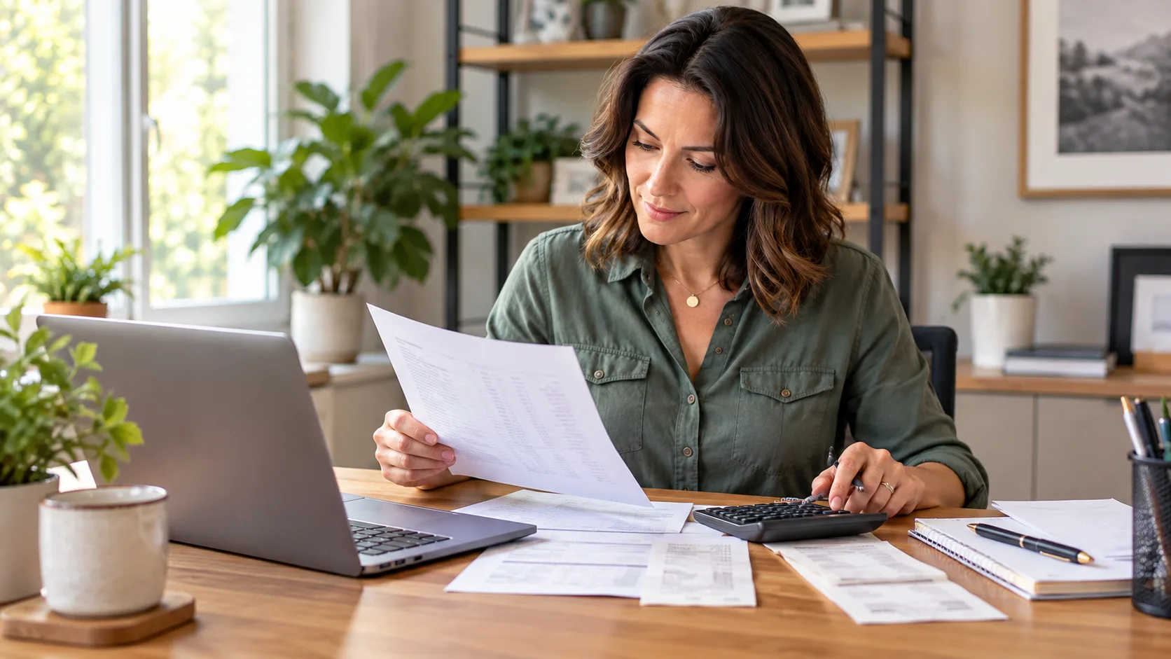 Small business owner reviewing financial records and preparing bookkeeping for tax season.