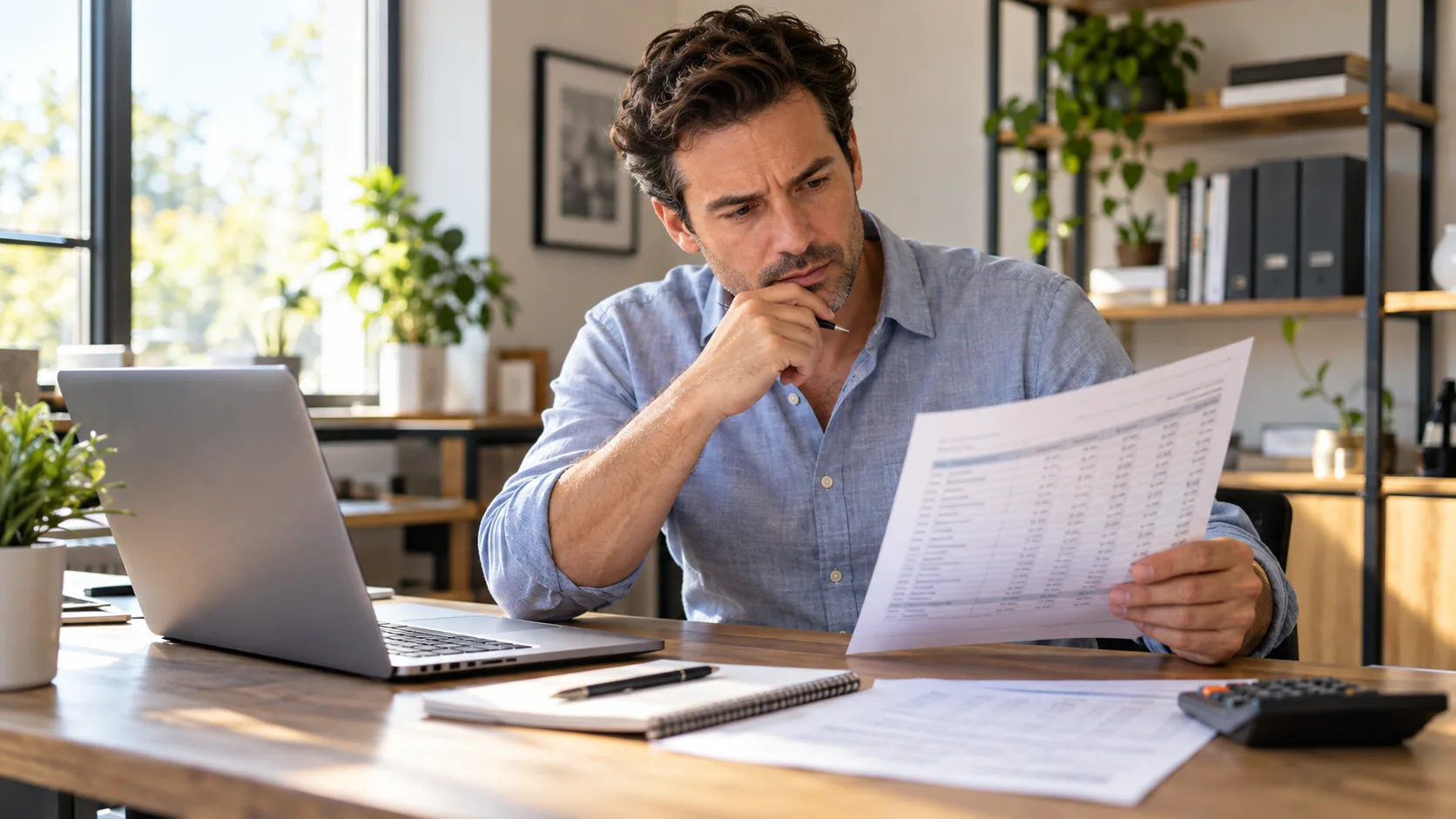 Small business owner reviewing financial statements and comparing bookkeeping records with his laptop.