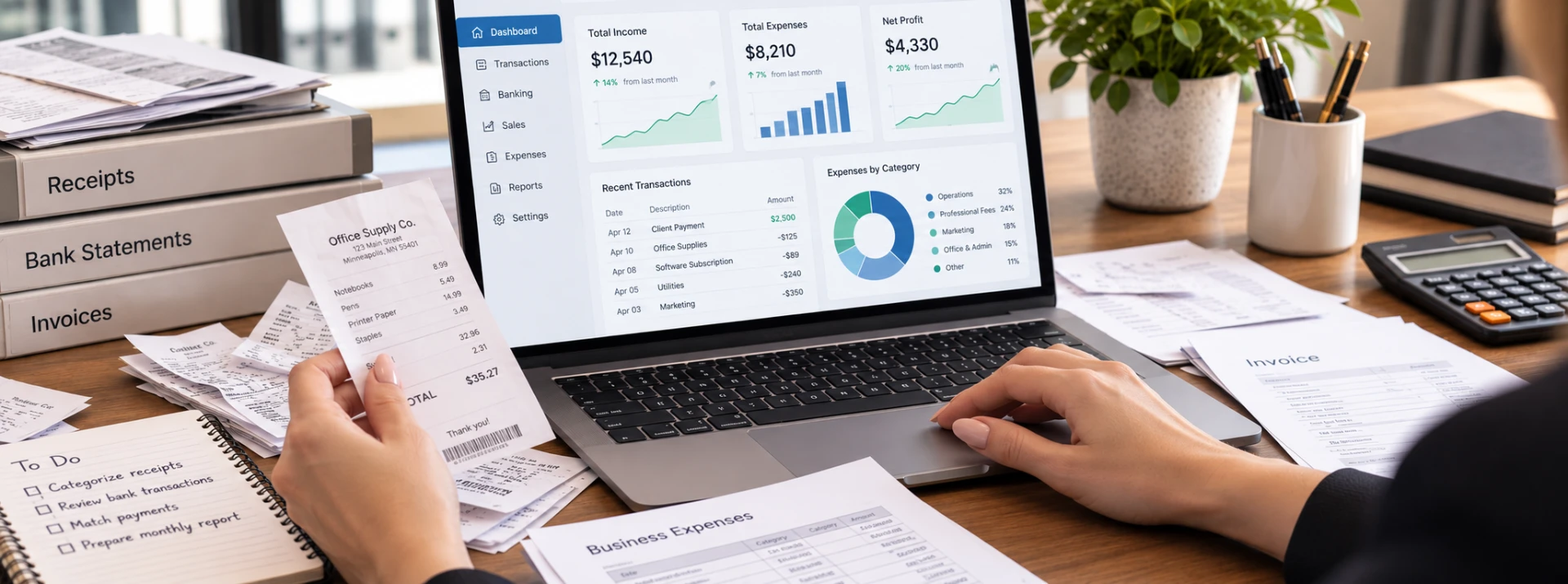 Organized desk with financial documents and a laptop