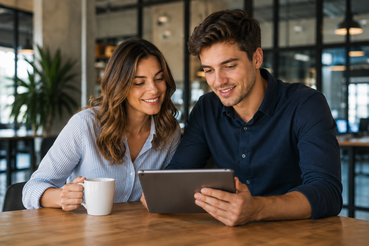 Two business owners reviewing financial reports together on a tablet