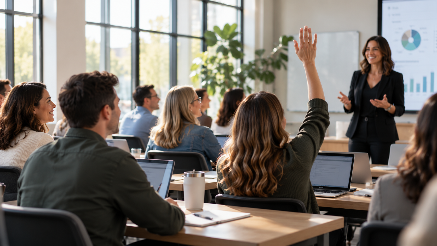 Adults with laptops at a bookkeeping training session; a participant raises her hand to ask the smiling instructor a question