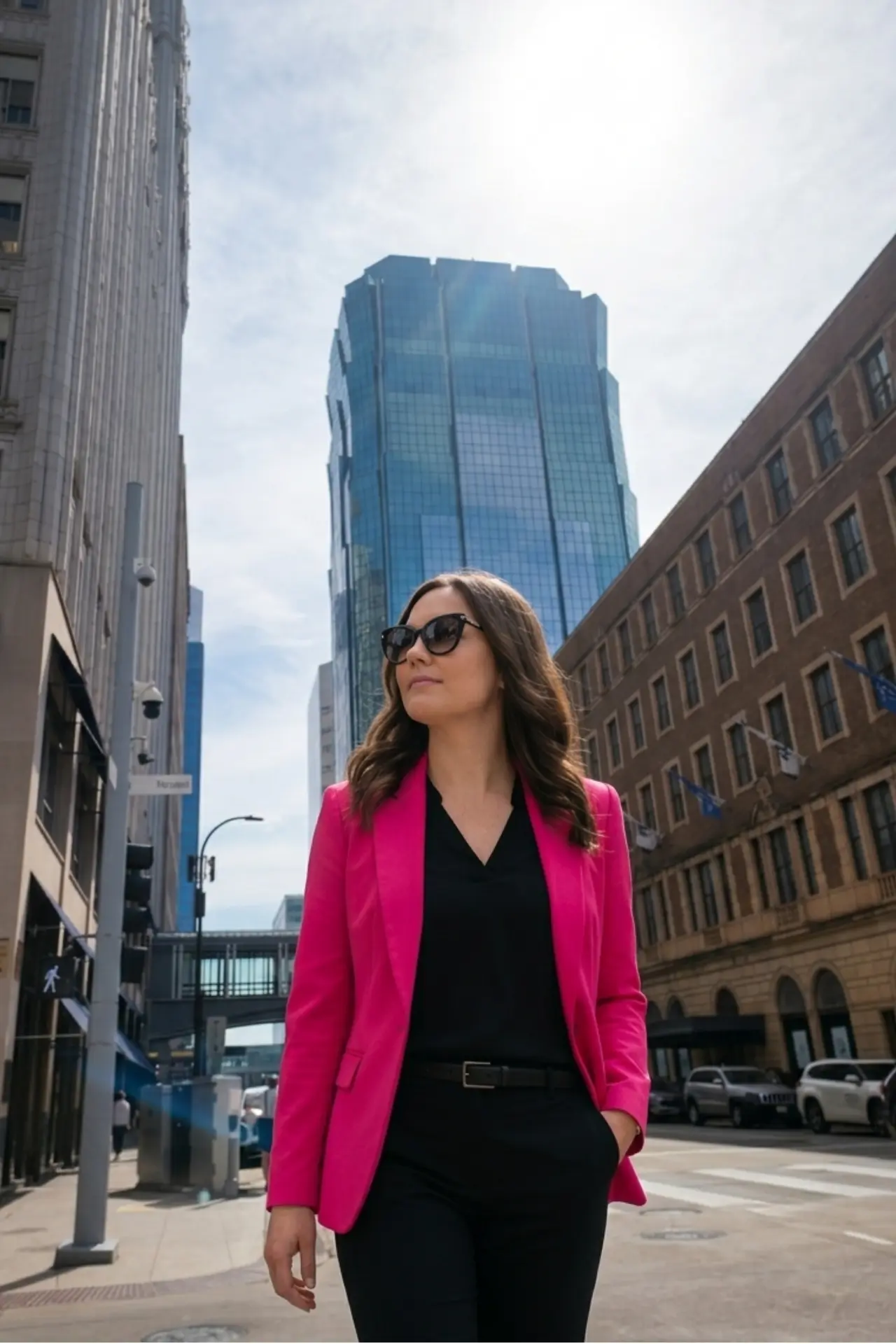 Yelena walking through downtown Minneapolis past modern glass office buildings