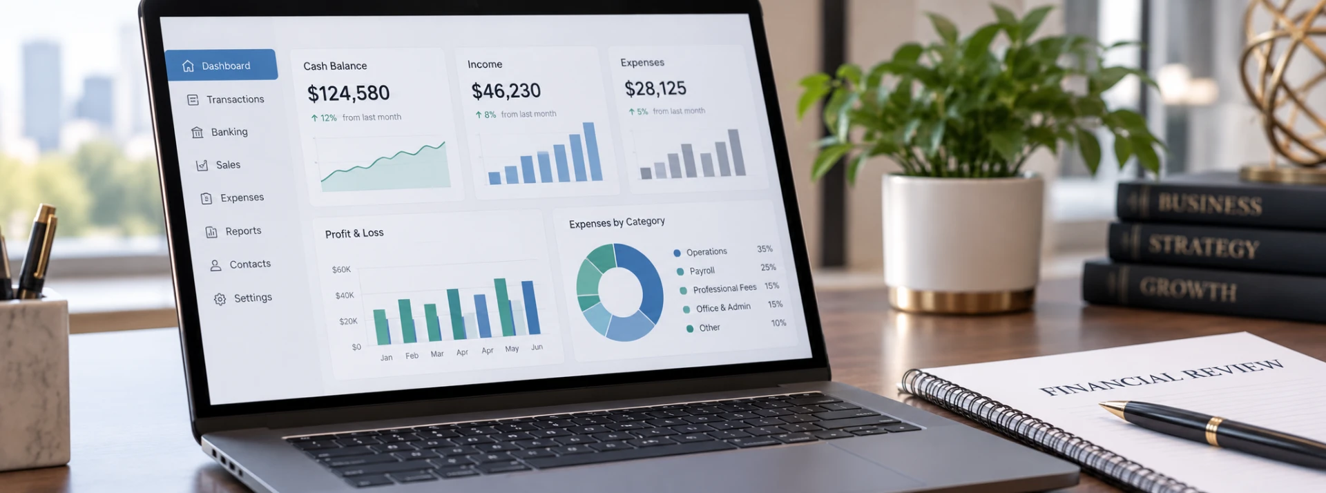 Laptop displaying a financial dashboard next to a Financial Review notebook on a business desk