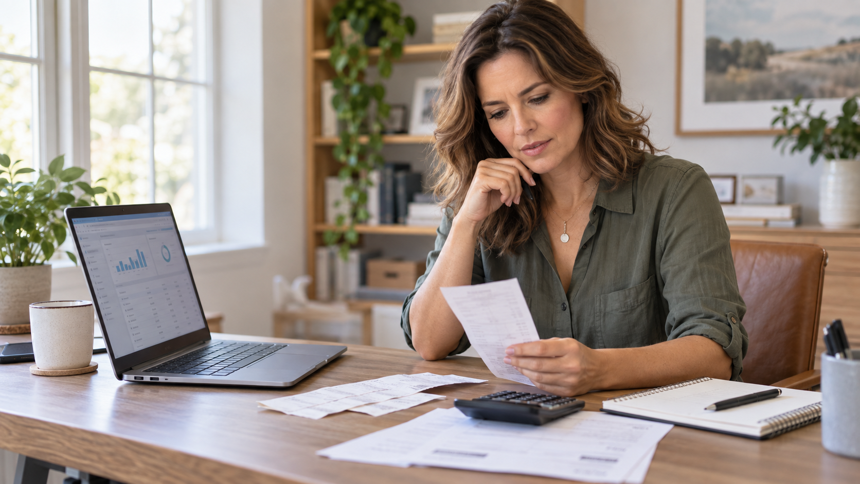 Small business owner reviewing bookkeeping records at her desk