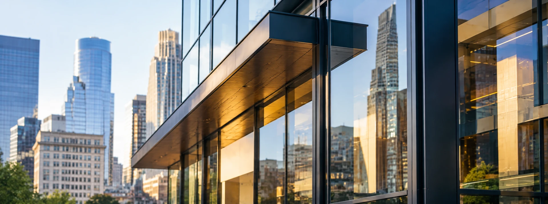Modern glass office building reflecting the downtown skyline at golden hour