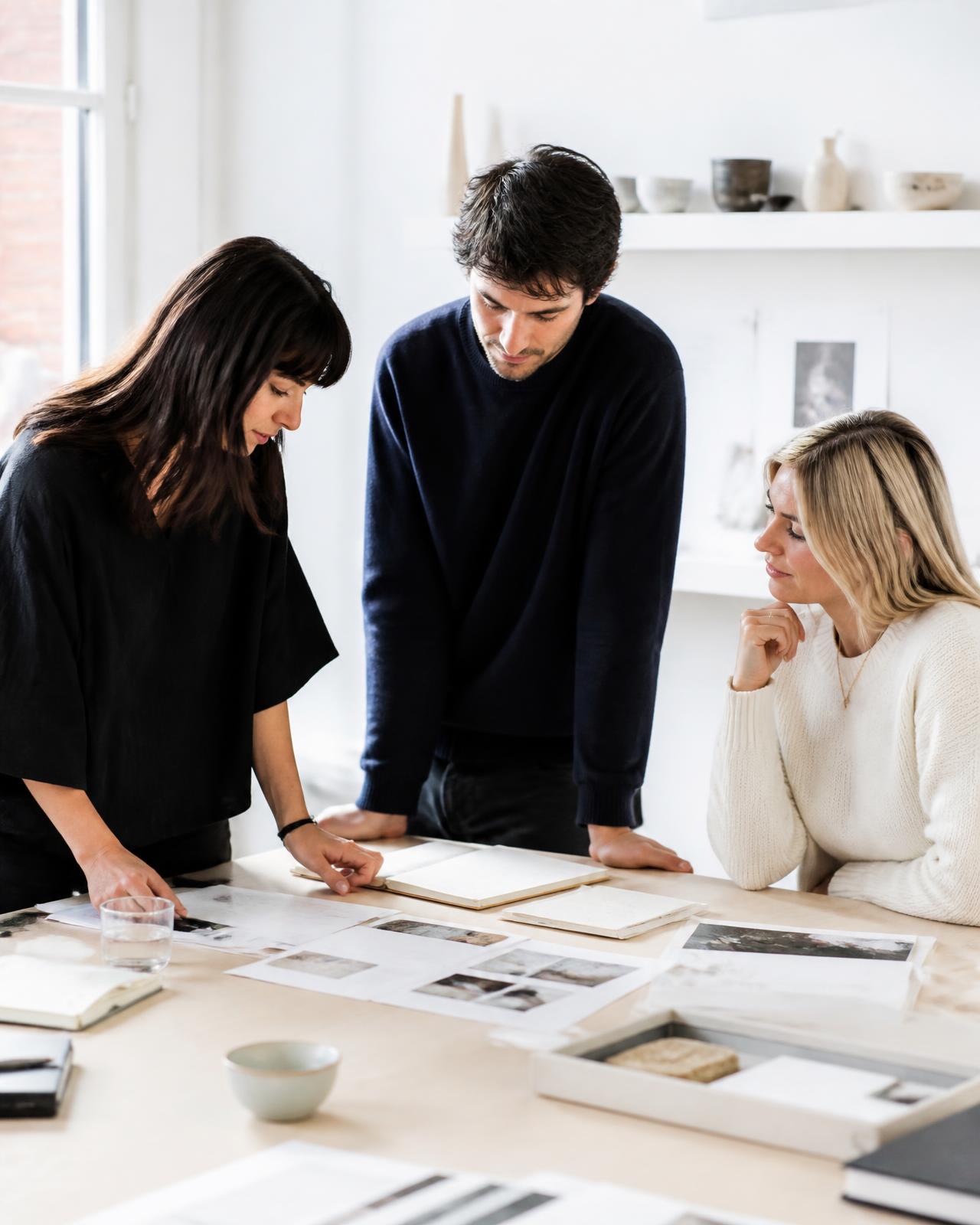 Small consulting team reviewing printed project materials together in a bright studio