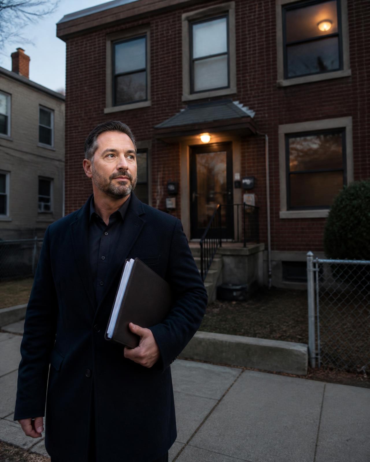 Real estate investor holding property documents outside a small brick multifamily rental building