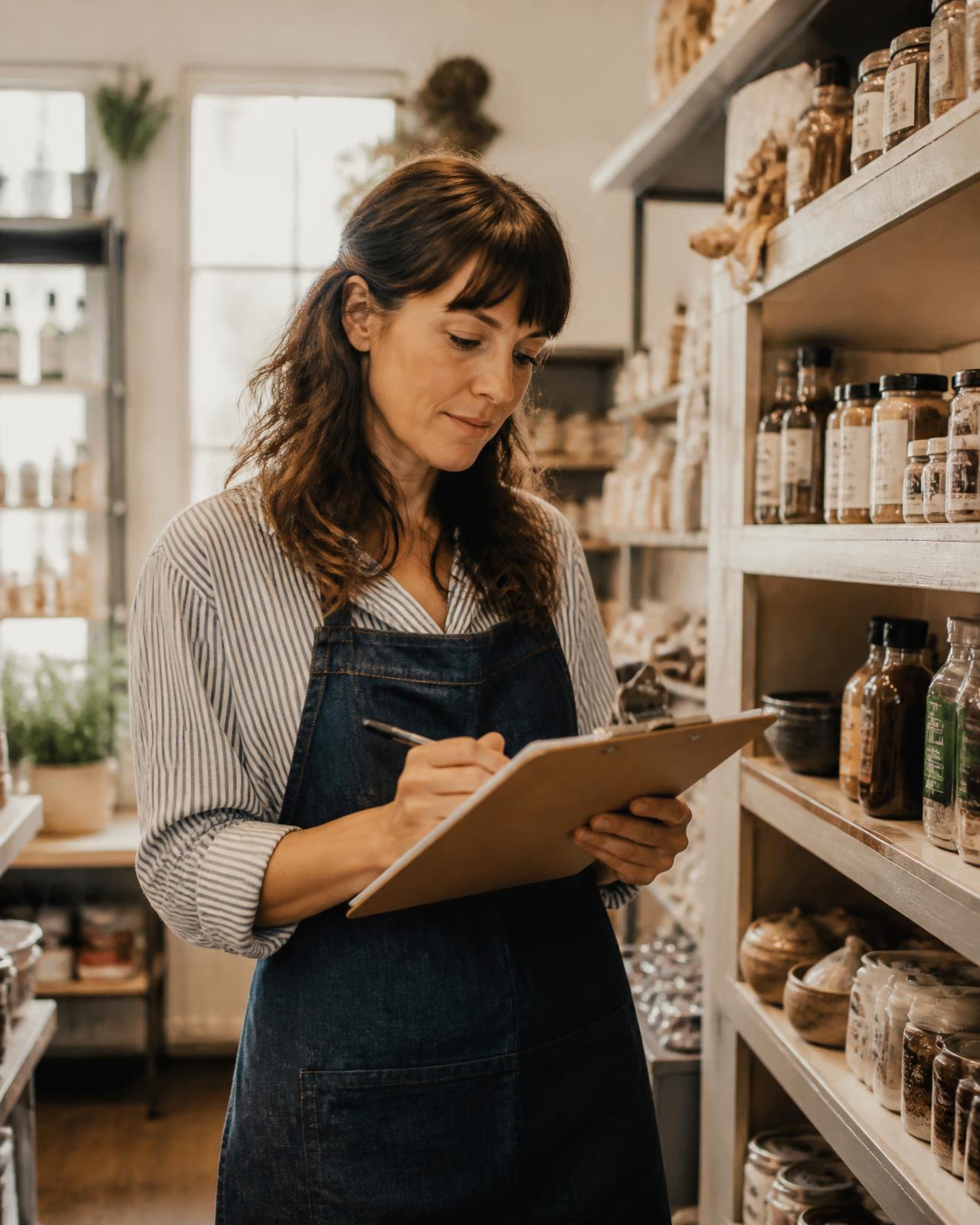 Independent shop owner reviewing stock on a clipboard in her store