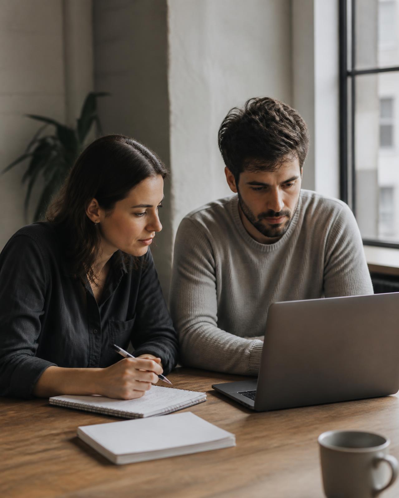 Two founders reviewing business notes and a laptop together at a table in a small workspace