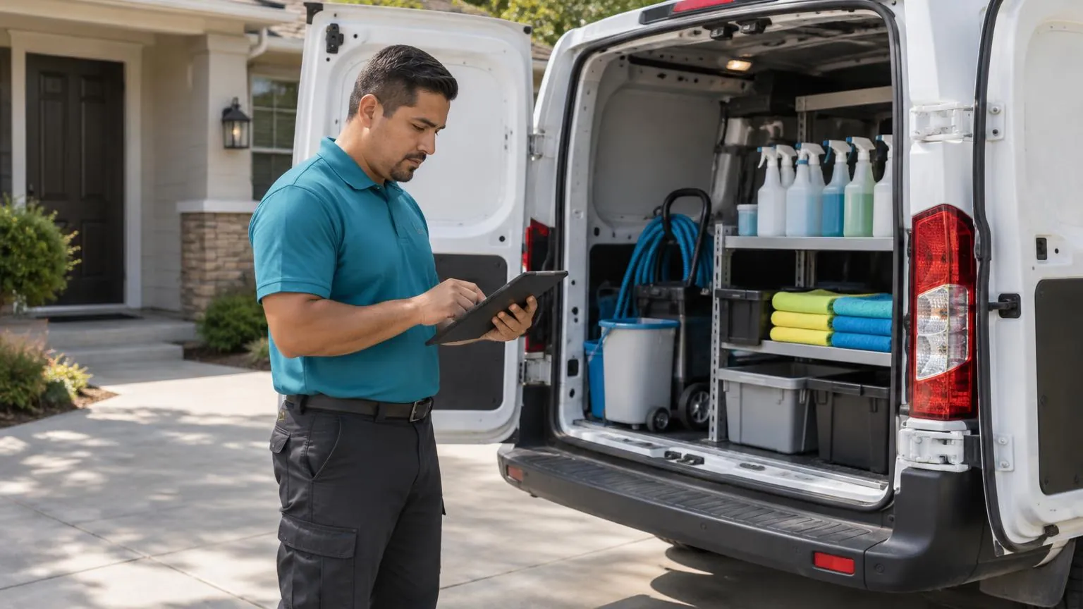 Cleaning business owner checking a tablet beside an unbranded service van
