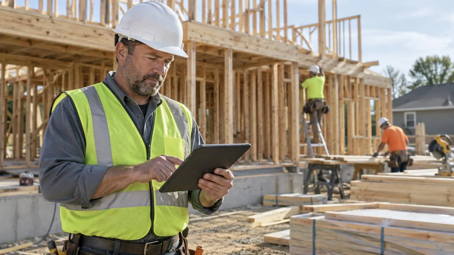 Residential contractor reviewing a tablet beside a house under construction