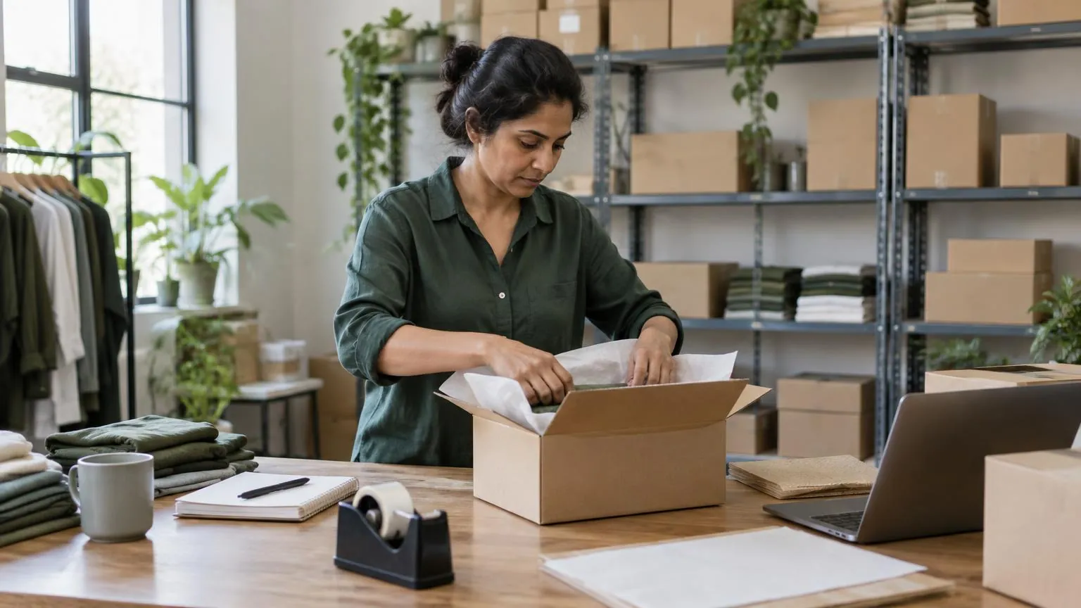 Ecommerce business owner preparing a customer order at a packing station