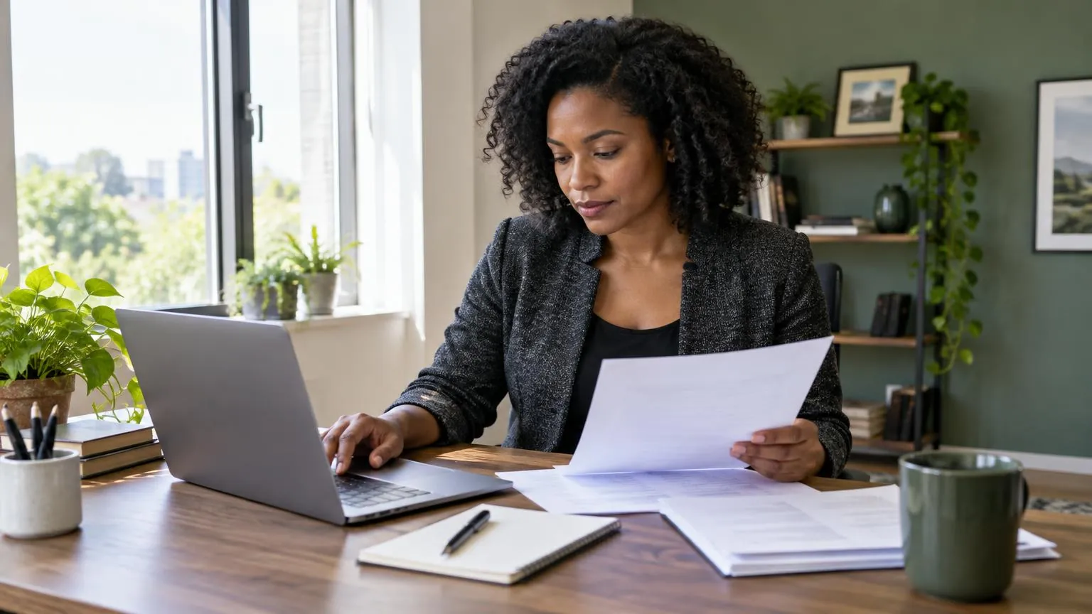 Professional consultant reviewing client records at her office desk