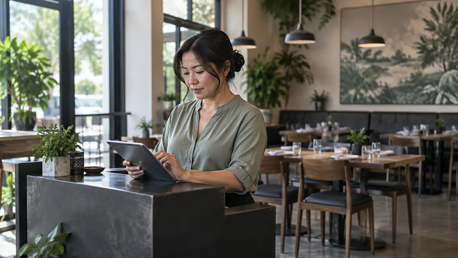 Restaurant owner reviewing business information at the host stand