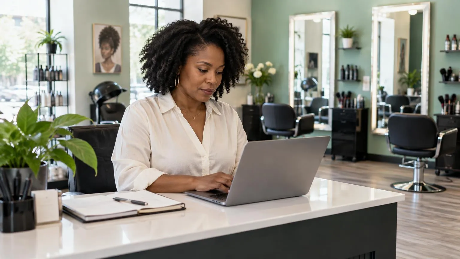 Salon owner reviewing a laptop at the front reception desk