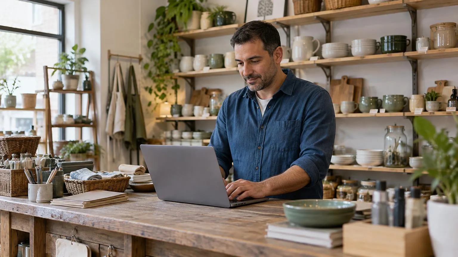 Shop owner reviewing a laptop at the counter of his independent homewares store