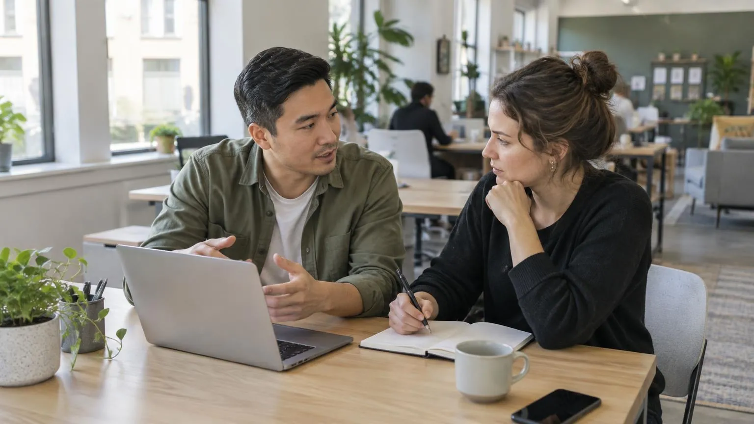 Male and female startup founders working together at a shared workspace table