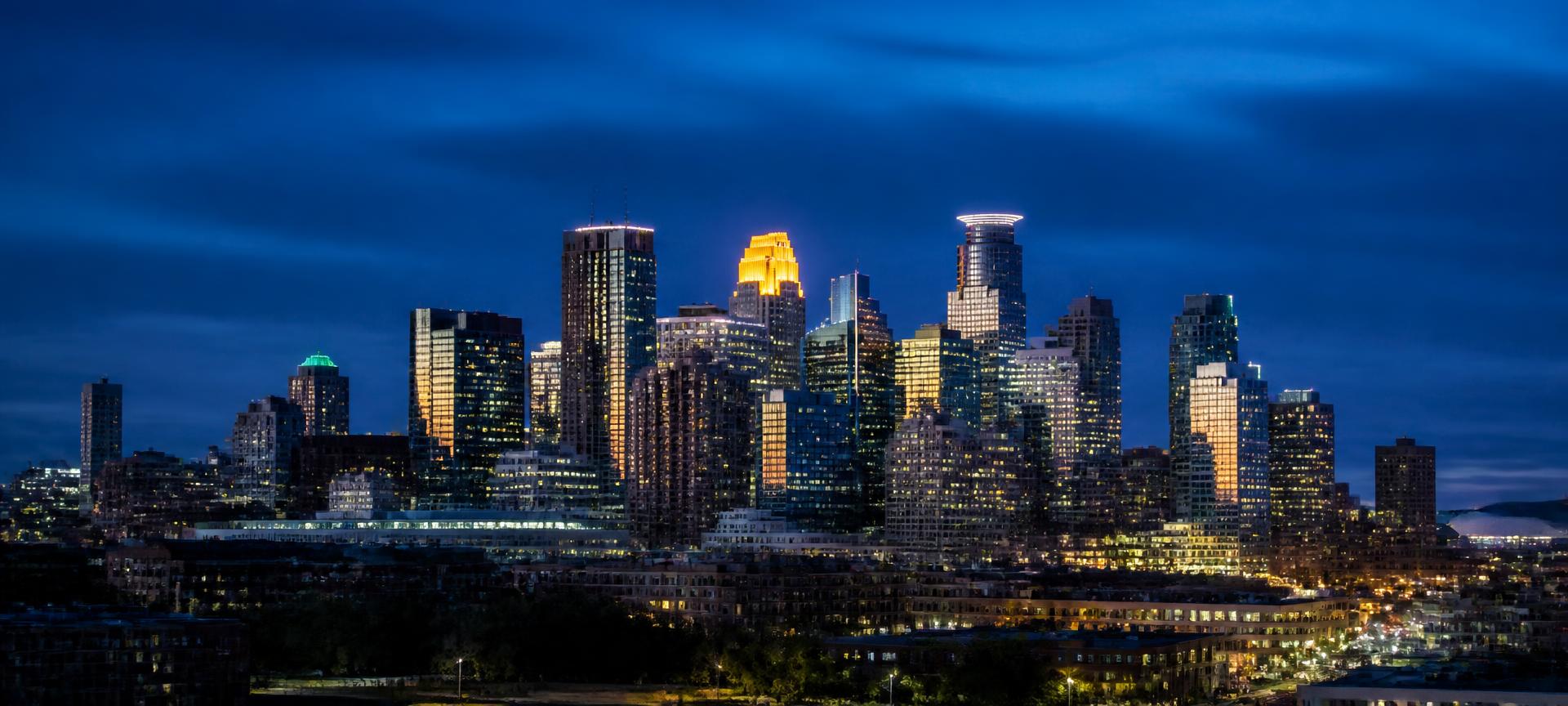 Downtown Minneapolis skyline at blue hour